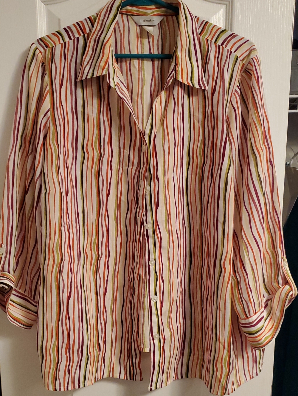 CJ Banks Multicolor Vertical Stripe Button-Down Shirt — Cream Base
